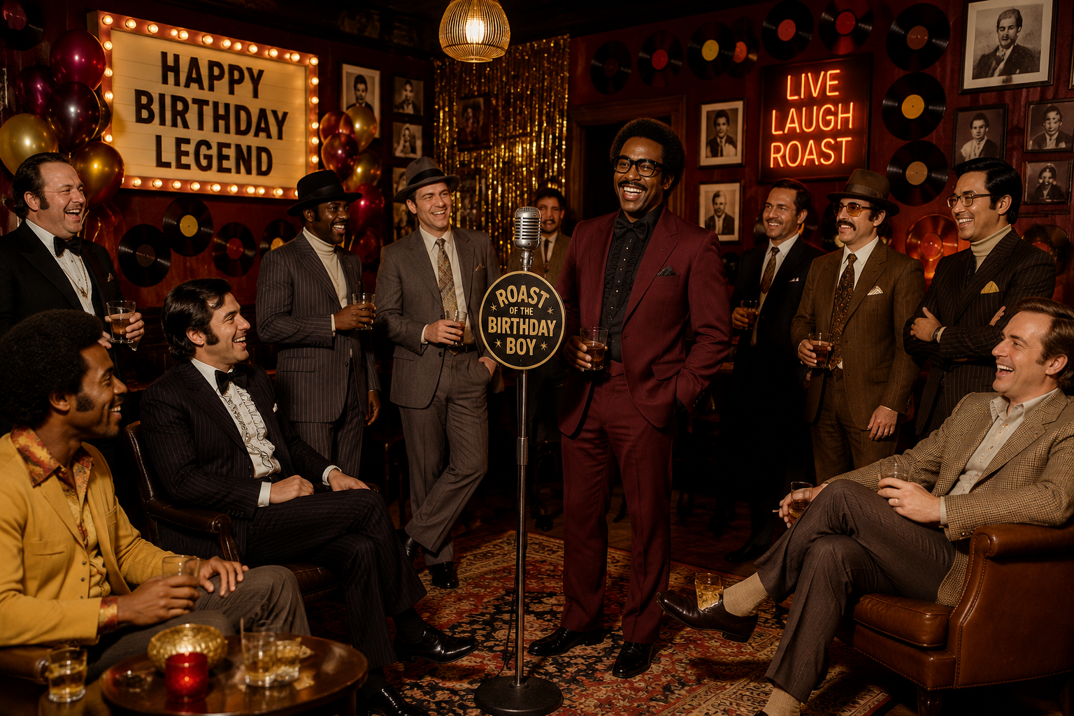 () editorial image showing a diverse group of men in 1960s costume attire at a themed birthday party, colorful retro